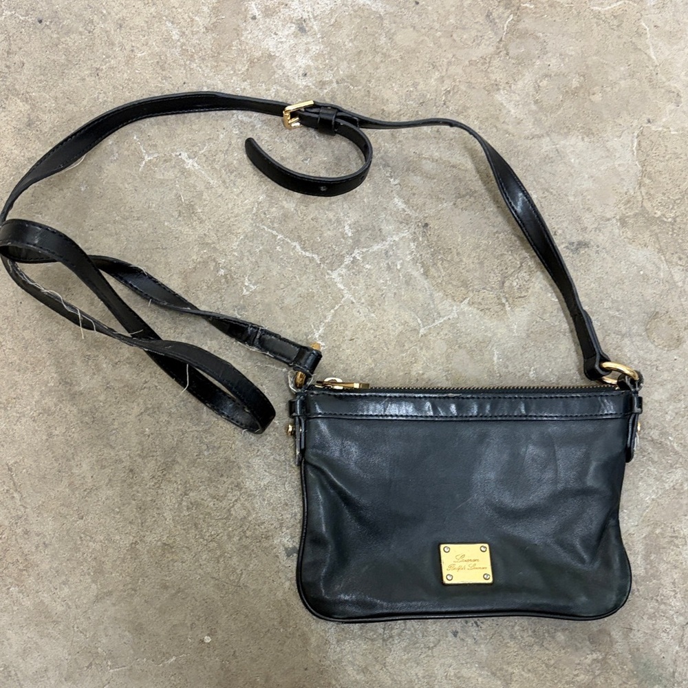 Lauren by Ralph Lauren Black leather crossbody with Gold Zipper
